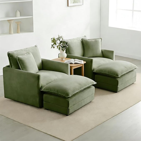 Chenille Oversized Chair with Ottoman Set of 2 - Wide Comfy Reading Chair and Ottoman Set, Lounge Chair with Deep Seat for Living Room, Reading Nook, Kids Room, Bedroom, Family, Sage Green
