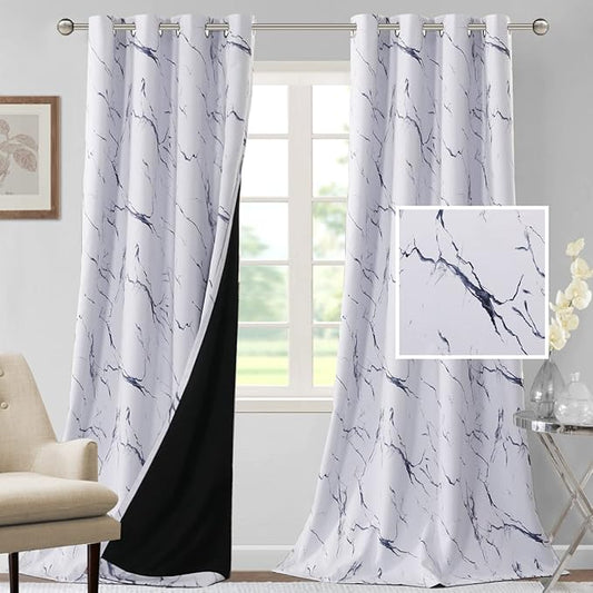 H.VERSAILTEX 100% Blackout Curtains 96 inch Length 2 Panels Set Marble Designs Printed Drapes Thermal Curtains for Bedroom with Black Liner Sound Proof Curtains, Dark Blue