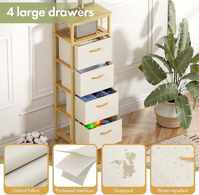 Bamboo Tall Skinny Dresser, Small Space Storage Narrow Dresser, 4 Large Water-Resistant Fabric Drawers, Small Dressers, for Bedrooms, Living Rooms, Hallways