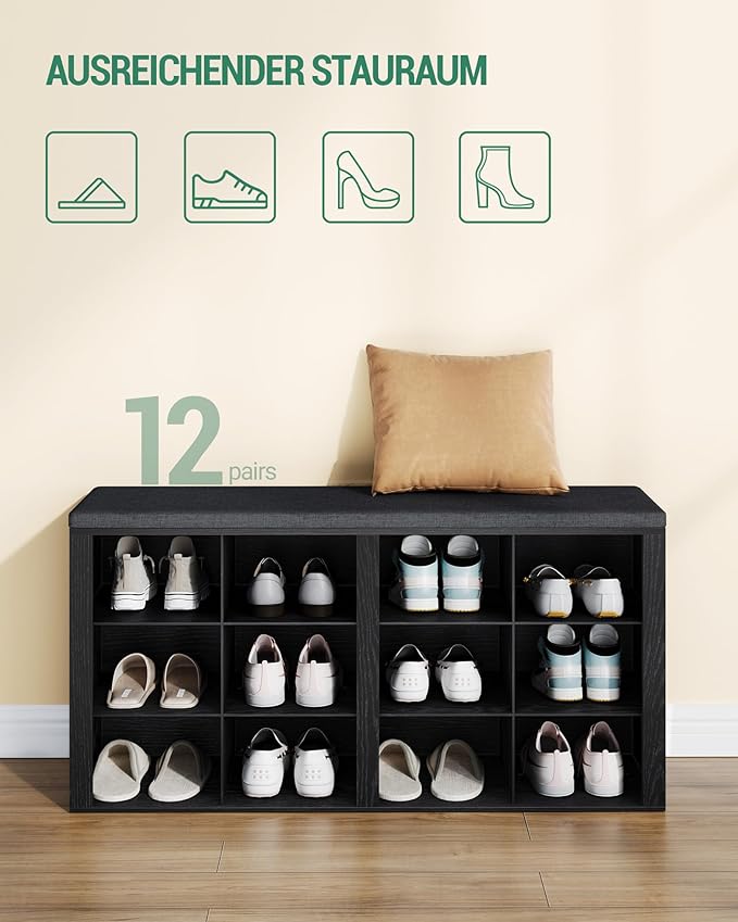 Shoe Bench with Cushion, Entryway Storage Bench with 12 Cubbies, Cubby Shoe Rack with Adjustable Shelves, Shoe Organizer Cabinet for Living Room, Bedroom, Entryway, Black SB19004GY