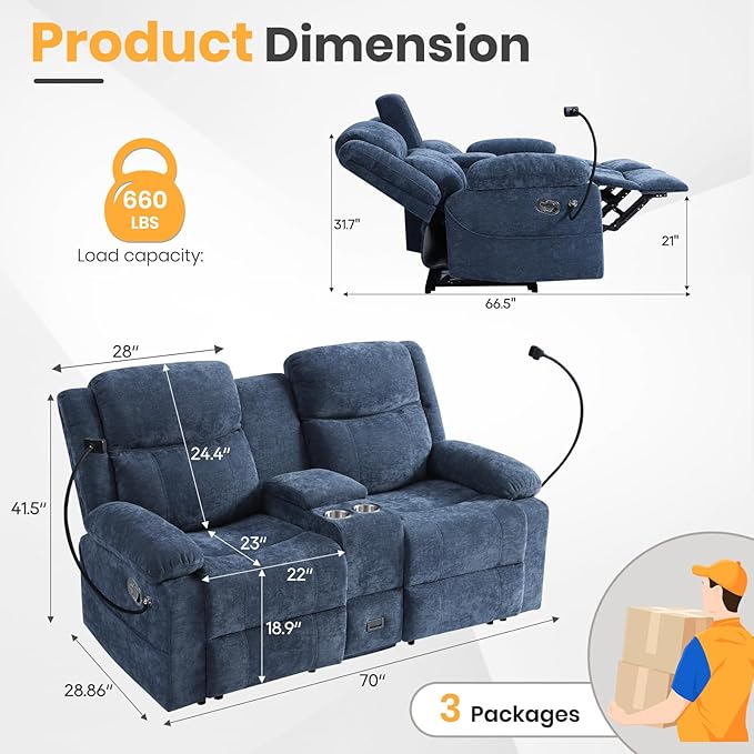 Loveseat Recliner Sofa, Reclining Loveseat with Console, RV Wall Hugger Double Loveseat Recliner Couch for Living Room & Home Theater (Blue)