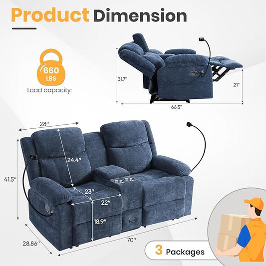 Loveseat Recliner Sofa, Reclining Loveseat with Console, RV Wall Hugger Double Loveseat Recliner Couch for Living Room & Home Theater (Blue)