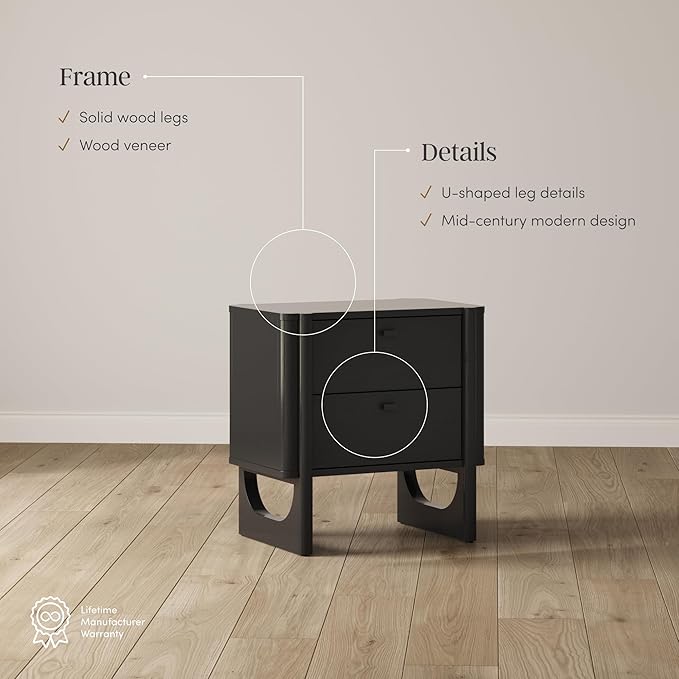 Nathan James Solace Mid Century Modern 2 Drawer Nightstand with Solid Wood Frame and Rounded Details, Black Set of 2