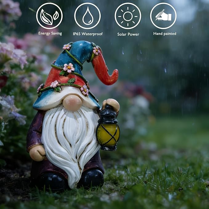 Garden Gnomes Statues with Solar LED Light - Mini 4.9 inch Gnome Sculptures for Porch Balcony Patio Yard Lawn Balcony Home Decor Mother's Day Birthday Gifts for Women