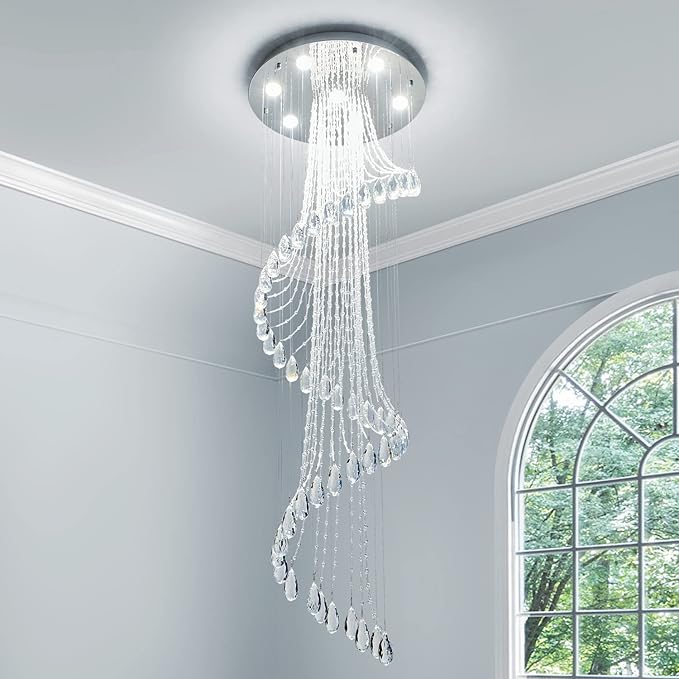 Saint Mossi 7-Lights K9 Crystal Chandelier, Raindrop Chandelier Light Fixture, Modern High Ceiling Lighting, Modern Pendant Light Flush Mount Ceiling Light Fixture,H71 x D24