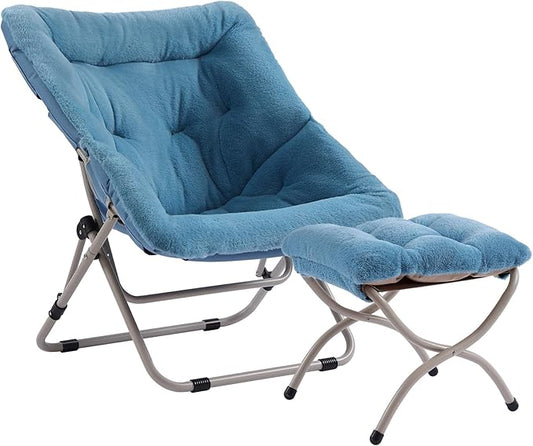 Saucer Chair With Ottoman - Oversized Folding Faux Fur, X-Large Soft Dorm, Foldable Metal Frame for Bedroom, Living Room, Study, Playroom (Blue)
