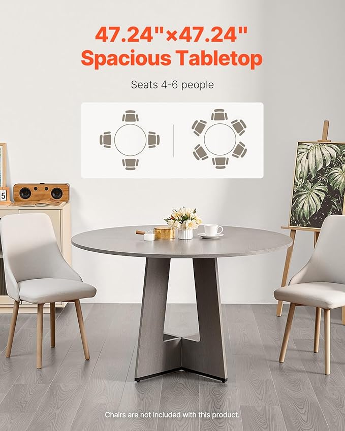 VEVOR Round Dining Table, 47 inch Wood Table for 4-6 Person, Farmhouse Circle Dinner Furniture, Rustic Leisure Tables with Thick Wooden Legs, for Home Kitchen Living Room, Grey (Only Table)