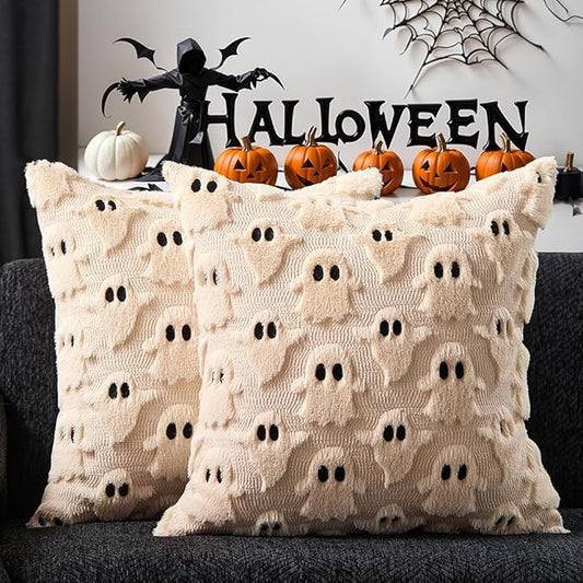 DFXSZ Halloween Pillow Covers 18x18 inch Set of 2 Beige Ghost Throw Pillow Cases Soft Plush Faux Fur Wool Couch Cushion Case for Chair Sofa Bedroom Living Room Home Decor PTK03D18