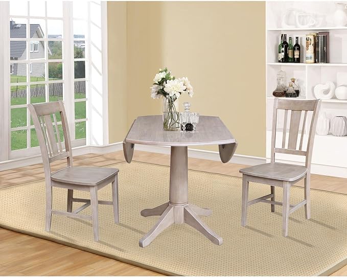 International Concepts 42" Round Top Pedestal 2 Chairs Dining Table, Washed Gray Taupe