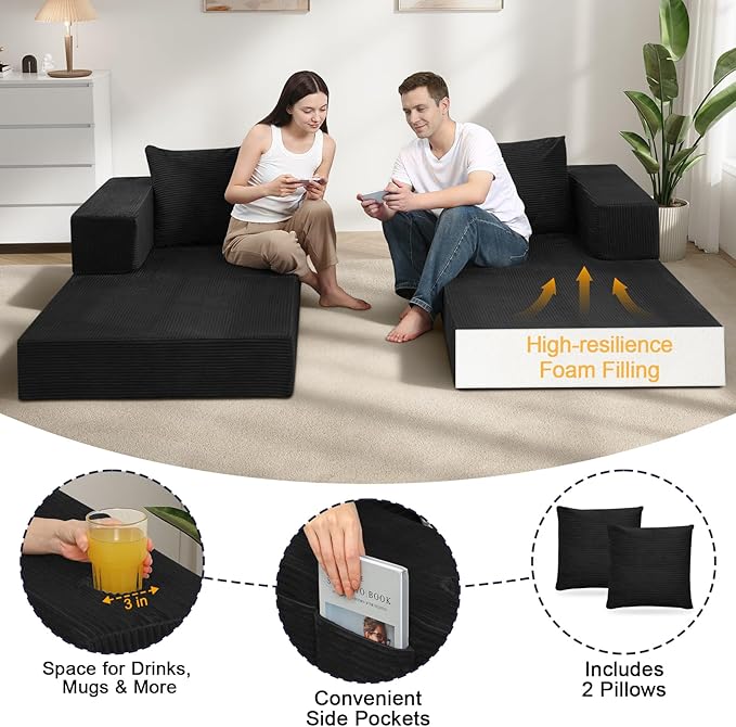 COMAX Boneless Couch, Futon Sofa Bed Couches Versatile Queen for Living Room, 79" 4 in 1 Convertible Sleeper Corduroy Couch Foam in a Box, Foldable Fold Out Floor Mattress No Assembly Required, Black