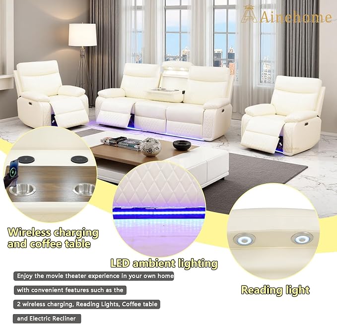 A Ainehome Power Recliner Sofa Set, Vanilla White Leather Reclining Couch & Chair Set, Living Room Furniture Sets, Luxury 3 Piece Living Room Furniture with Storage/Charging for Office/Home Theater