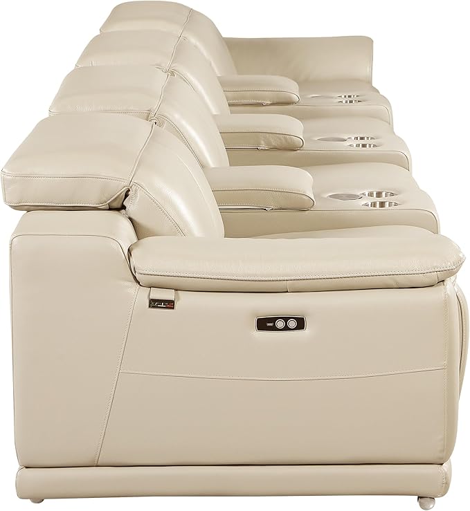 BlackJack Furniture Venice Top Grain Italian Leather Power Recline 7 Piece 4 Seater Sofa - 175" Theater Seating Modern Couch for Living Room Apartment with Adjustable Headrests & USB Port, Beige