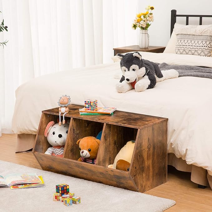 HOOBRO Toy Storage Cubby, Kids Bookshelf, Stackable 3-Bin Toy Storage Cabinet, Bookcase Footboard, Children's Toy Shelf, Suitable for Children's Room, Playroom, Hallway, Rustic Brown BF30CW01
