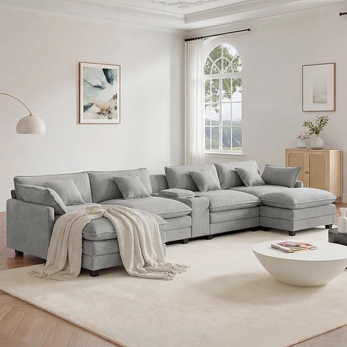 157" Oversized Modular Sectional Sofa with Storage Console,U-Shaped Cloud Couch with Movable Ottoman,Deep Seat,Thick Cushions, Multi Functional Console with USB & 2 Cup Holder,Sofa Set for Living Room | Wood Frame