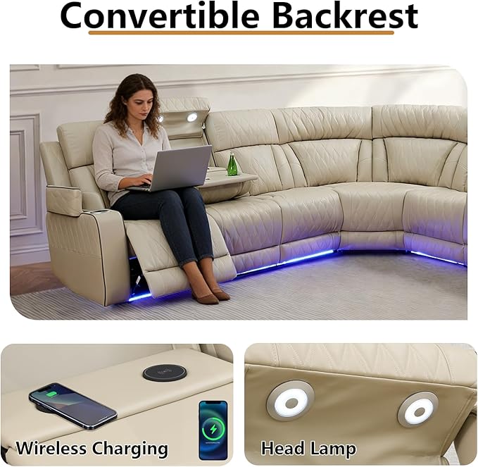 Power Leather Recliner Sectional Sofa with LED Light,L Shaped Reclining Couch with USB Charger/Cup Holder/Storage,Leather Sofa for Living Room Furniture Sets(Beige,Sectional)