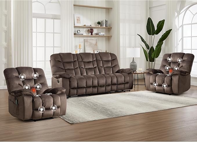 HAOMARKETS 3 Pieces Recliner Sofa Furniture Set, Include 2 Power Recliner Chairs with Message&Heat and a 3-Seater Reclining Couch for Living Room, Brown