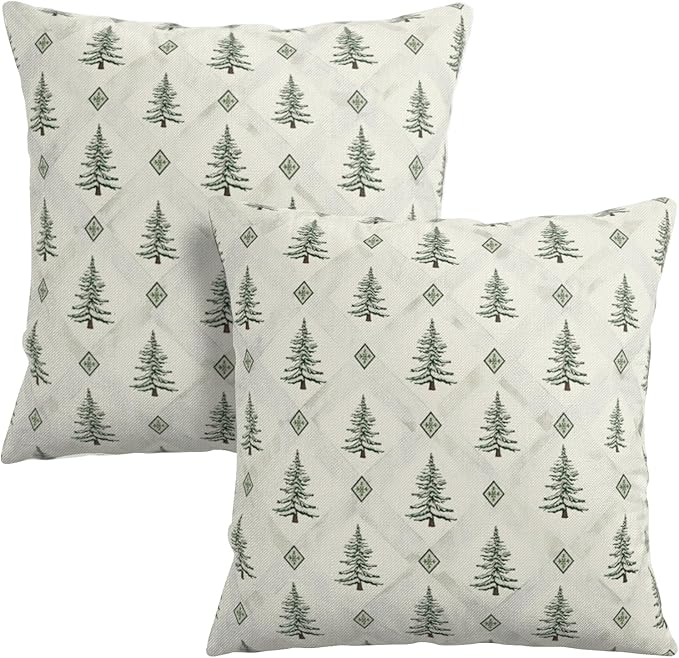 Green White Christmas Tree Pillow Covers 20x20 Set of 2 Xmas Boho Farmhouse Vintage Rustic Print Pillow Case Winter Decorative Outdoor Cushion Case for Home Couch Patio