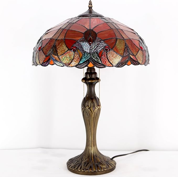 WERFACTORY Tiffany Table Lamp Red Liaison Stained Glass Style Bedside Lamp 16X16X24 Inches Antique Desk Reading Light Metal Base Decor Bedroom Living Room Home Office S160R Series