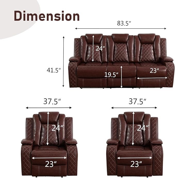 Power Recliner Sofa and 2 Chairs, Air Leather Reclining Set with LED/Cup Holders/Storage, 3 Pieces Reclining Living Room Furniture, Burgundy Leather Couches for House/Apartment/Office