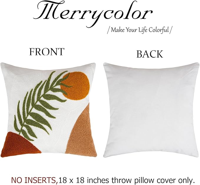 Merrycolor Boho Decorative Throw Pillow Covers 18x18 Tufted Green Decorative Pillows Covers Sun Leaf Mid Century Modern Throw Pillows for Bed Couch Sofa Living Room 1PC