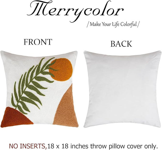 Merrycolor Boho Decorative Throw Pillow Covers 18x18 Tufted Green Decorative Pillows Covers Sun Leaf Mid Century Modern Throw Pillows for Bed Couch Sofa Living Room 1PC