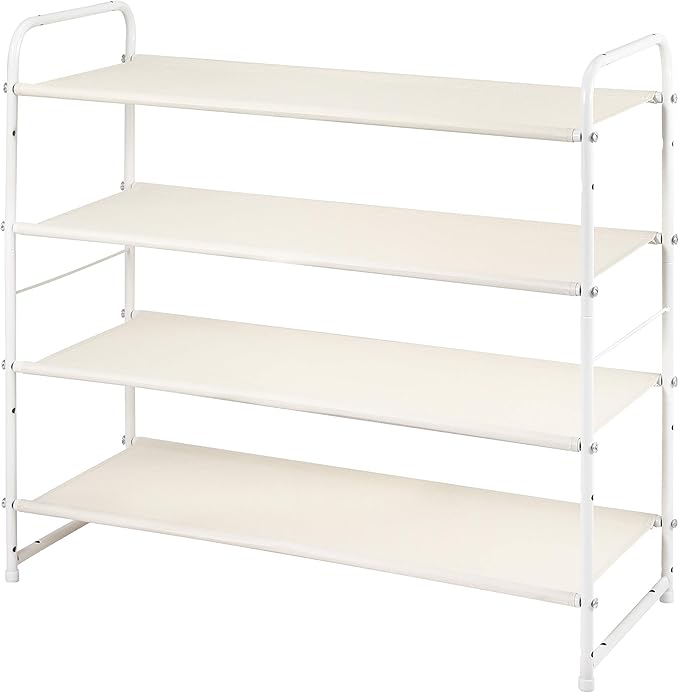 Simple Trending 4 Tier Stackable Shoe Rack, Expandable & Adjustable Fabric Shoe Shelf Storage Organizer, White