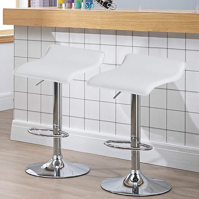 COSTWAY Bar Stools Set of 2, Modern Swivel Contemporary barstools with Adjustable Height, Footrests, Chrome Hydraulic PU Leather Backless Bar Chairs for Kitchen Island Cafe Pub, White