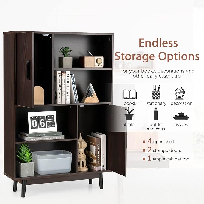 Giantex Storage Cabinet with Legs, Floor Cabinet with Doors, Shelves, Anti-Tipping Device, 4-Tier Bookshelf for Books & Photos, Tall Cupboard in Living Room, Kitchen Buffet Sideboard (Espresso)