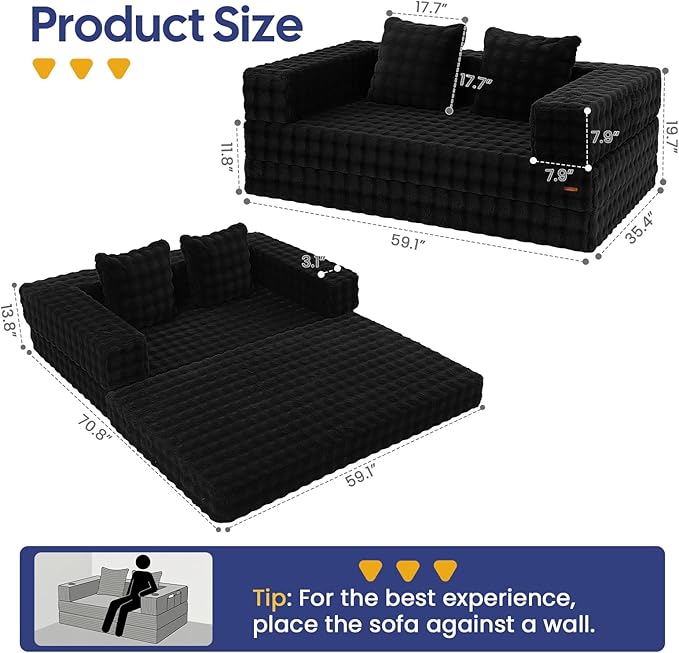COMAX Futon Sofa Bed, 4‑in‑1 Convertible Sofa Bed, Folding Boneless Couches for Living Room, Fold Out Small Foldable Loveseat Floor Sleeper Comfy Mattress Lounge Space‑Saving, Dark Black | 4-in-1 Convertible, Folding Boneless, Space-Saving, Floor Sleep...
