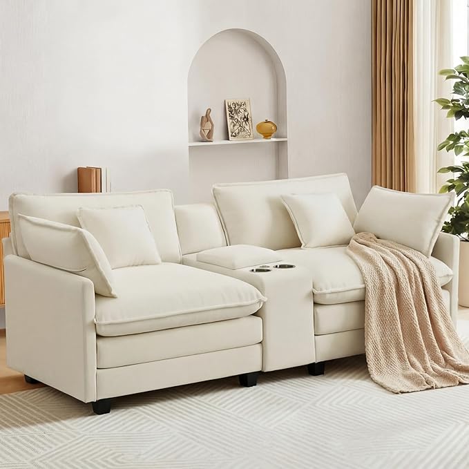 KISLOT 74.4" Oversized Modular Sectional Sofa with Storage Console,Loveseat Cloud Couch with Deep Seat & Thick Cushions, Multi Functional Console with USB and 2 Cup Holder,Sofa Set for Living Room | Wood Frame