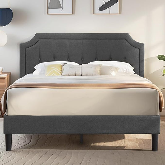 VECELO Full Upholstered Platform Bed Frame with Adjustable Button Stitched Panel Headboard,Strong Wood Slat Support,Velcro Design,Mattress Foundation/Easy Assembly,Grey