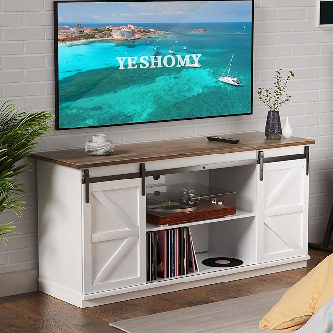 YESHOMY Farmhouse TV Stand for Televisions up to 65 Inches, Sliding Barn Doors and Storage Cabinets, Console Table and Media Furniture for Living Room, 58 Inch, White