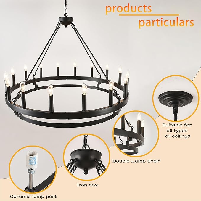 40 inch Black Wagon Wheel Chandelier,Farmhouse Industrial Country Style Round Pendant Light Fixture,Round Ceiling Light fixtures for Outdoor Porch high Ceilings Living Dining Room Foyer Entryway