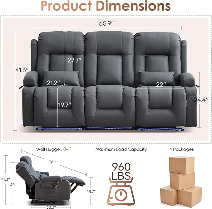 TUNYI Wall Hugger Loveseat Recliner Sofa with Console, Power Reclining Loveseat RV Couch with Massage & Heat/USB/Outlet/Storage/LED Light (Blue, 3 Seat)