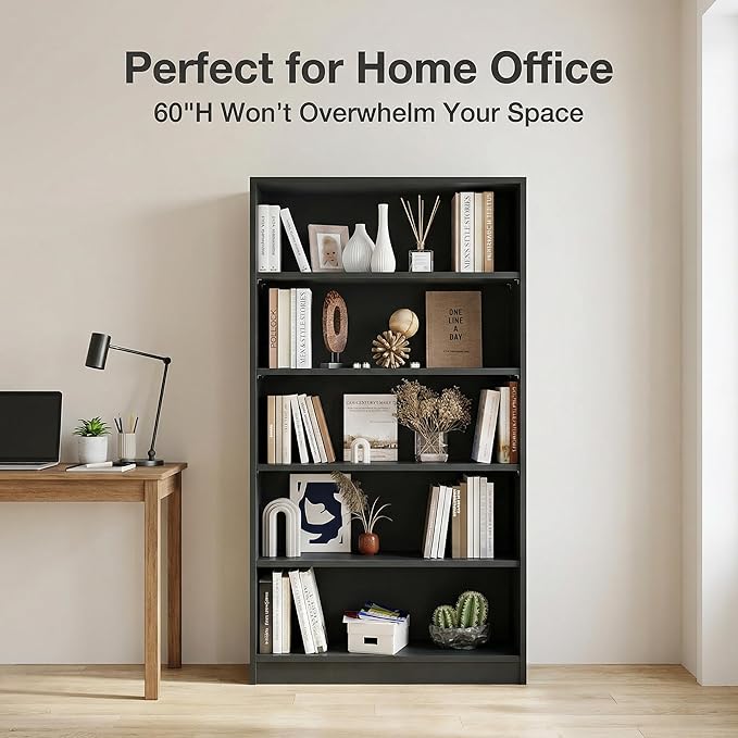 5 Tier Wooden Bookshelf, 60" H Tall Book Shelf with Adjustable Shelves, 33" Wide Bookshelf for Office, Living Room