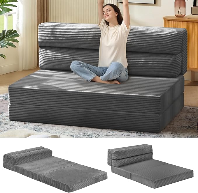 JUIKURY Folding Sofa Bed, Convertible Sleeper Chair with Pilow Foldable Matress, 2 in 1 Pull Out Loveseat Sofa Portable Fold Out Chair Bed Floor Couch Lounge for Living Room (Grey, Twin-41Inch)