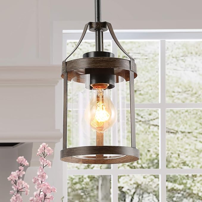 Farmhouse Wood Chandelier, Round Wagon Wheel Light Fixture with Seeded Glass Shades & LNC Farmhouse Mini Faux Wood Pendant Lighting with Clear Cylinder Glass Shade, Brown