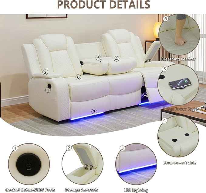 Breathing Leather Power Reclining Sofa, Living Room Furniture with 2 Recliners, 3 Seater Leather Couch with Flip-Down Table/USB Charging for Office/Home Theater (Creamy White, 3-Seat Sofa)