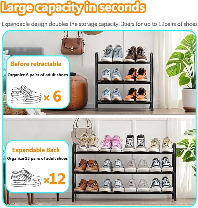 Expandable Shoe Rack, 3 Tier Adjustable Shoe Organizer Shelf for Closet,Slim Narrow Black Metal Free Standing Shoe Rack Storage for Small Space, Entryway, Hallway