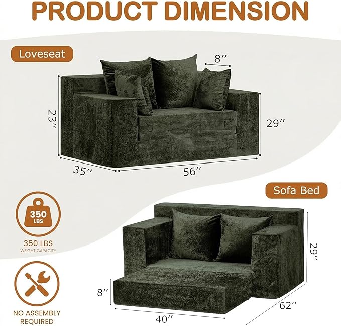 Convertible Sofa Bed, 5 in 1 Small Boneless Couch Pull Out Loveseat Sleeper Sofa,Corduroy Futon Couch Folding Mattress with 4 Pillows for Living Room (Green, Loveseat(Silky Velvet))