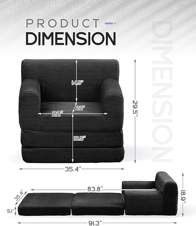 Boneless Couch Sofa Bed, Convertible Sleeper Chair with One-Piece High-Density Foam (No Lumps), Foldable Floor Mattress for Adults Guest Gaming, Non-Slip, Side Pockets, 84"x35", No Assembly