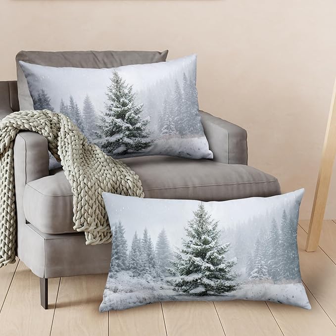 Winter Lumbar Pillow Covers 12x20 Set of 2 Christmas Pine Tree Outdoor Rectangle Throw Pillow Cases Snow Natural Forest Xmas Holiday Cushion Case for Farmhouse Living Room Decor