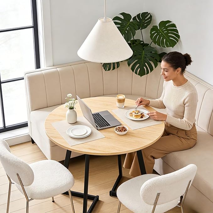 Karl home 35.4in Small Dining Table, Round Dining Table with Wood Finish Wing-Shaped Steel Legs, Circle Dinner Tables for Small Space, Apartment, Office, Kitchen, for 2 to 4 Person-Natural
