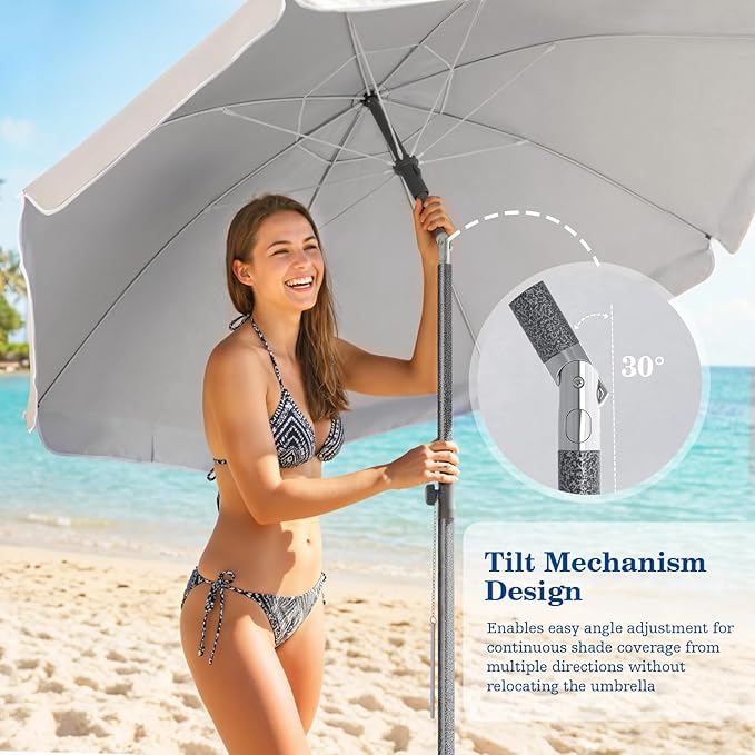 Duerer 7.5FT Beach Umbrella with Sand Anchor–Heavy Duty Windproof UPF 50+ Sun Shade, Portable Travel Beach Umbrella with Tilt & Carry Bag for Beach, Sand, Garden, Patio, Pool (Beige)