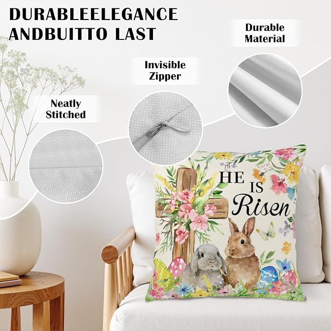 He is Risen Easter Bunny Pillow Covers 20x20 Set of 2 Bunnies Floral Cross Throw Pillows Spring Rabbits Colorful Eggs Outdoor Farmhouse Pillow Case for Couch Home Sofa Bed Porch Decor
