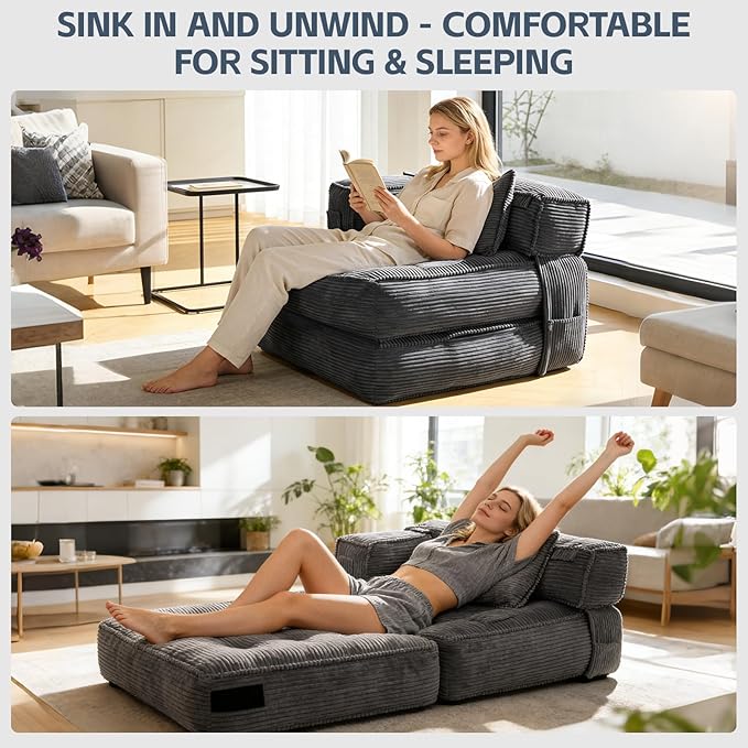 Folding Sofa Bed Chair with Armrests, Convertible Futon Couch Sleeper Chair for Adults, Fold Out Boneless Chair Bed, Foldable Sofa Lounge for Small Spaces, with Pillow, Dark Grey