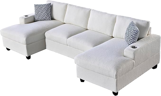 Ball & Cast 124" U-Shaped Sectional Sofa Couch for Living Room with Double Chaise,Cup Holders & Pillows,4 Seat Sherpa Upholstered Modern Modular Sectional Sofa Couches Set,for Home,Office,Beige
