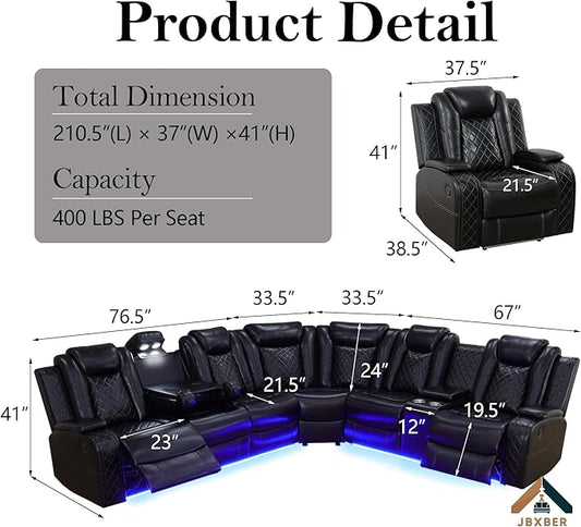 Power Recliner Sectional Sofa Set for Living Room, Leather Recliner Sofa Sets, L-Shaped Corner Sectional Couch Sets with LED Lights, Console Storage(Sectional and Chair,Black)