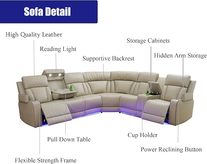Brown Power Reclining Sectional Sofa, Leather Recliner Sectional Sofa, Power Recliner Couch Set With LED, Living Room Furniture Sets Adjustable Chair, Arm Storage & Cup Holders for Home/Office
