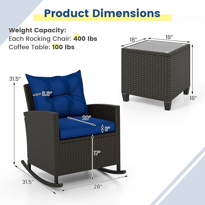 Tangkula 3 Piece Wicker Rocking Set, Patio Rattan Roker Chairs with Tempered Glass Table & Soft Cushions, Outdoor Furniture Set for Backyard, Poolside Porch (Navy)